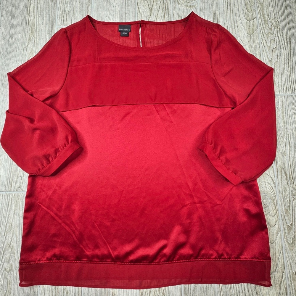 Covington Womens Red Sheer Sleeve Satin Panel Blouse Top Plus Size‎ L/G Large